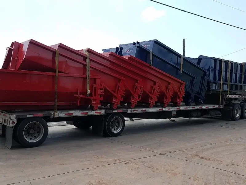 Trailer load of red and blue containers